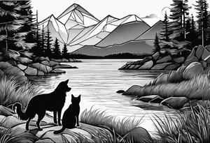 nature, sunset, mountains, a father and son hiking with their dog and cat by the water tattoo idea