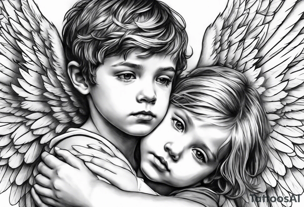 Angel covering a boy with her wings for shelter tattoo idea