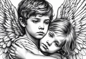 Angel covering a boy with her wings for shelter tattoo idea