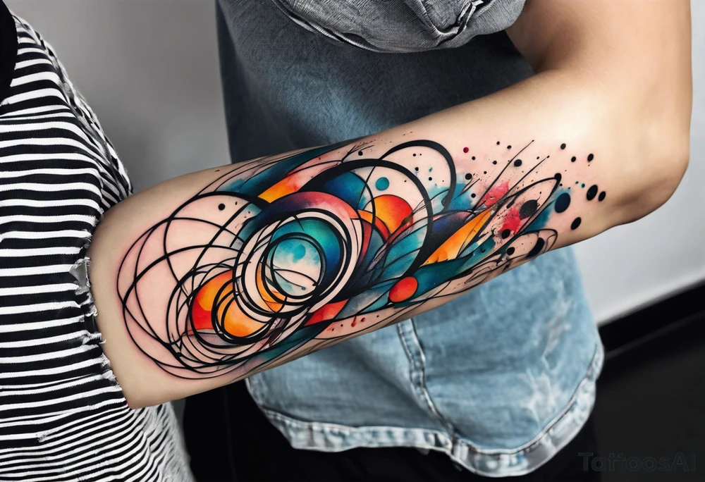 flowing abstract large forearm tattoo with lines, splatters, circles tattoo idea