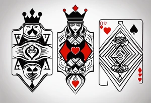 one combined tatto in minimalistic style with icon style three king of spades and icon style one queen of hearts. extreme minimalstic and few lines. much more minimalistic and fewer lines tattoo idea