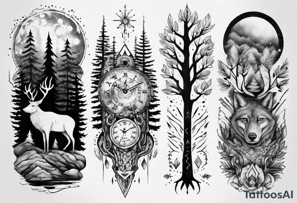 Full arm, Nordic, forest, time, presence tattoo idea