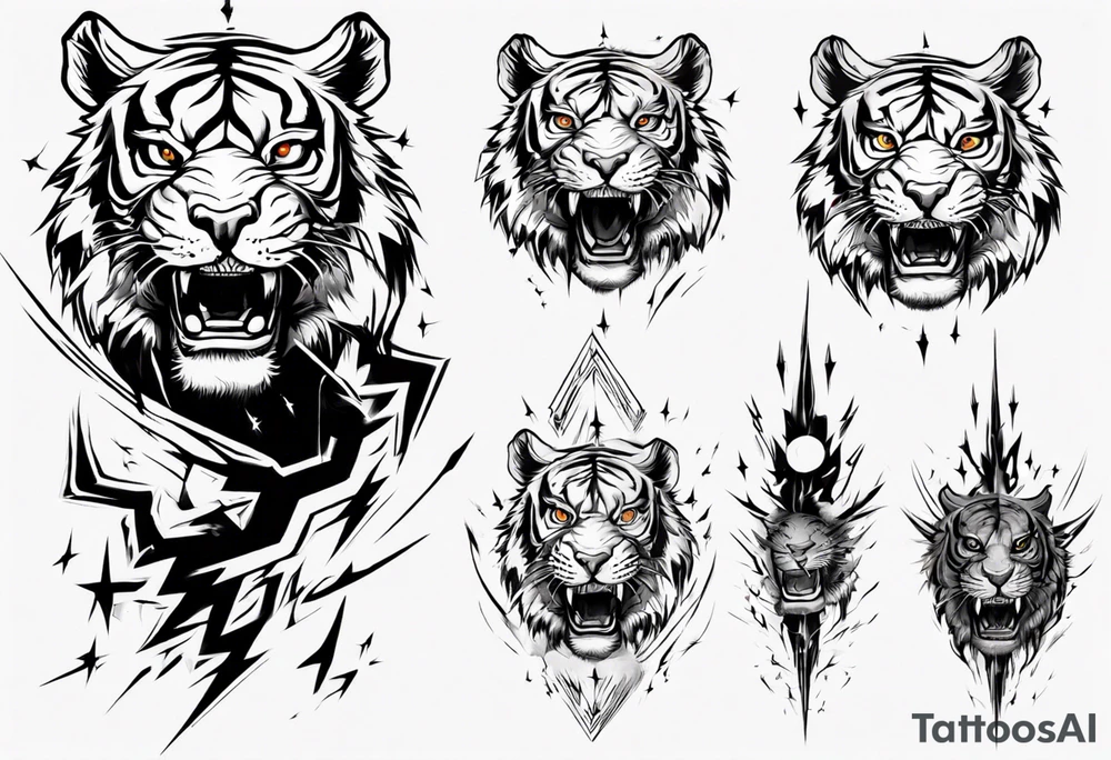 ancient Tiger with lightning and a sun for a forearm sleeve tattoo idea