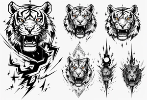 ancient Tiger with lightning and a sun for a forearm sleeve tattoo idea