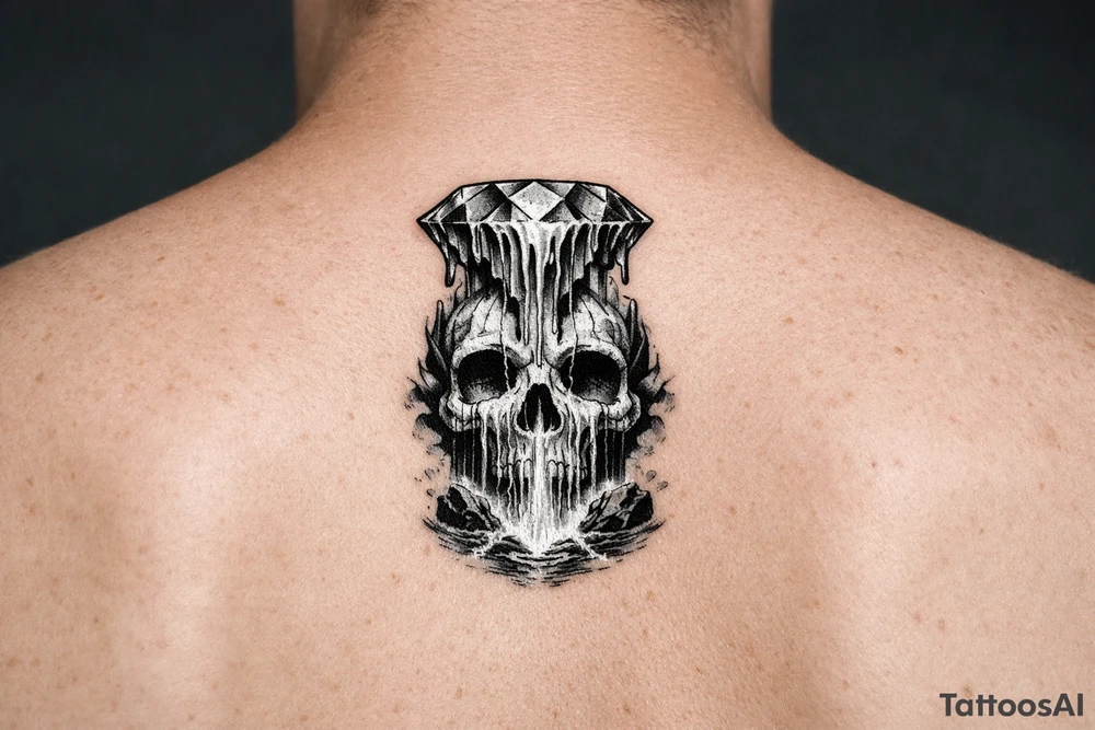 Diamond melting like a colorful waterfall running into a waterfall skull tattoo idea