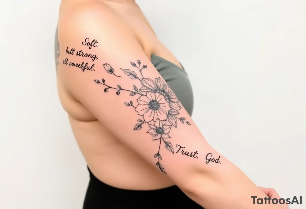 🌿 Right Arm Sleeve
	•	Top shoulder: “Soft but strong, kind but powerful.”
→ Wrapped with light olive vines
	•	Mid-arm: Peonies, lilies, tulips (your favorites)
→ Optional red ink in petal accents
	•	Lower arm/wrist: Vine wrap
→ Script: “Trust God”
	•	Style: Light, flowing, fine-line — NOT bold or filled-in

⸻

🌸 Spine Tattoo & Flow
	•	Already present floral spine tattoo
	•	New elements will connect from your sleeve, flow down from the right shoulder, lightly wrapping into your back
	•	Inspired by the reference with floral script diagonally across the spine
	•	Optional soft red ink details to enhance movement

⸻

🍑 Left Thigh + Butt
	•	Quote: “A garden of her own”
→ Placed on side of butt, flowing from lower back
	•	Floral extension down the thigh — tulips/peonies
	•	Minimal, romantic, fine-line tattoo idea