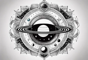 A tattoo with Saturn at the center surrounded by intricate linguistic symbols, reflecting the client's interests in cosmology and linguistics. tattoo idea