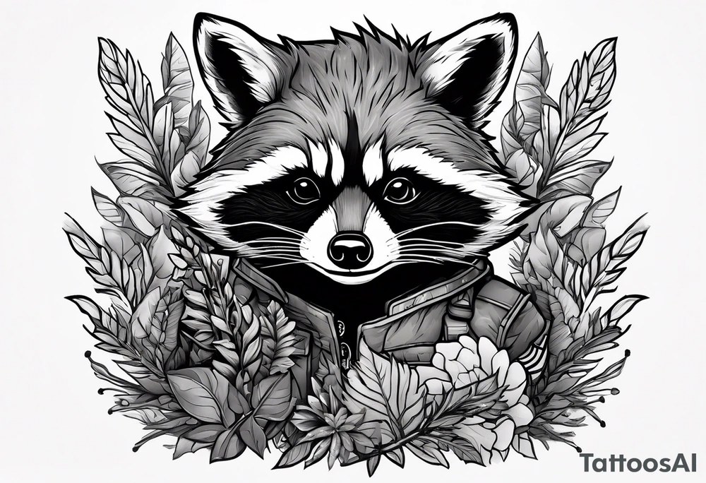 rocket raccoon hiding in dense foliage tattoo idea