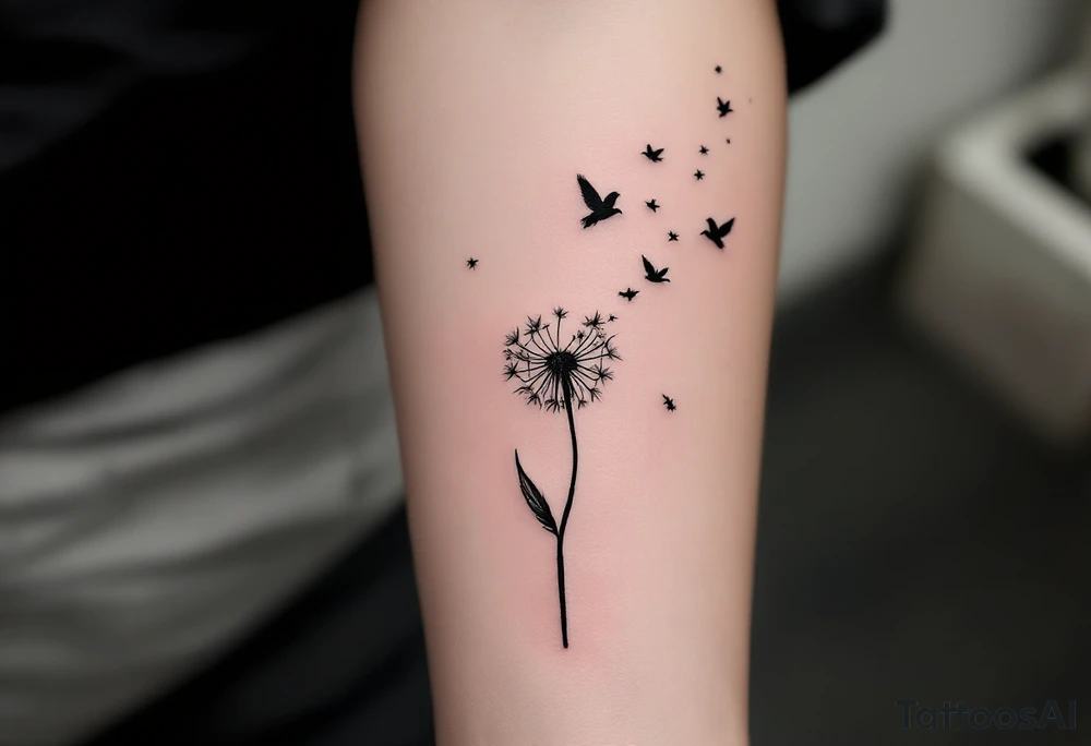 A dandelion with its leaves blowing away and turning into birds tattoo idea