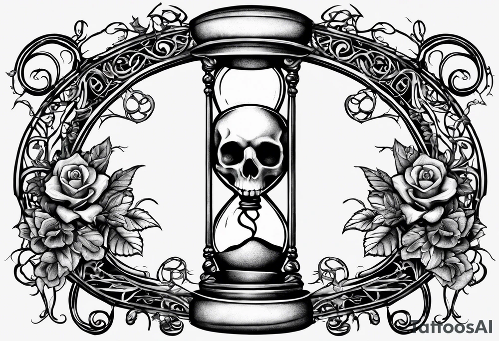 Hourglass with vines and flowers in the top bulb that are trickling like sand into the lower bulb containing a skull semi-submerged in the sand. The words “Memento Mori” are written on the hourglass tattoo idea