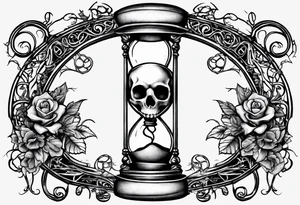 Hourglass with vines and flowers in the top bulb that are trickling like sand into the lower bulb containing a skull semi-submerged in the sand. The words “Memento Mori” are written on the hourglass tattoo idea