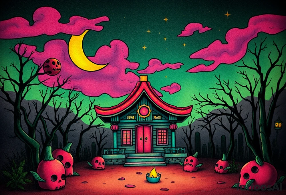 Tim Burton’s haunted pastel toykyo shrine is abandoned and dripping with muted reds, dusty pinks, and eerie green glow.purple and cyan smokey clouds swirl in the crescent moonlit sky thats sprinkled with stars tattoo idea tattoo idea