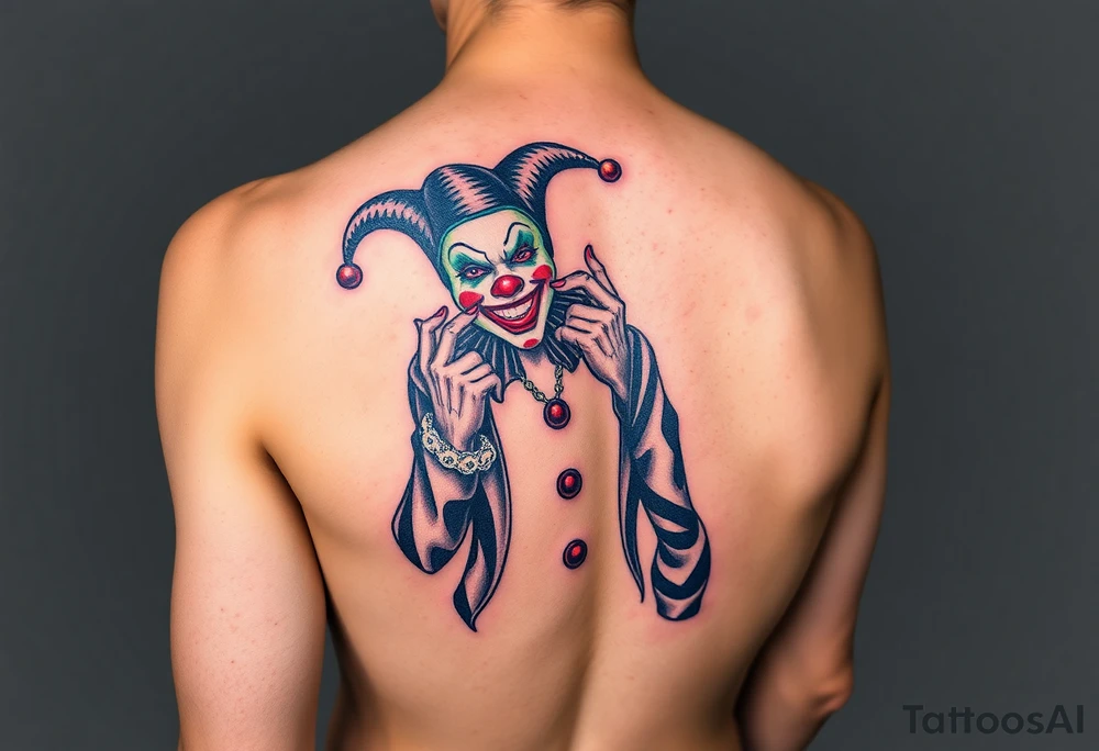 jester clown standing behind partner holding cheeks up to smile tattoo idea