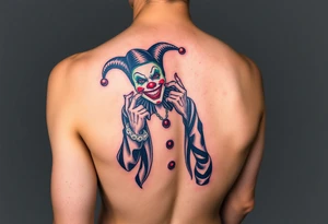 jester clown standing behind partner holding cheeks up to smile tattoo idea