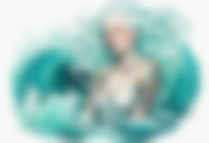 a tall albino woman made of water with turquoise hair sitting upon a wave tattoo idea