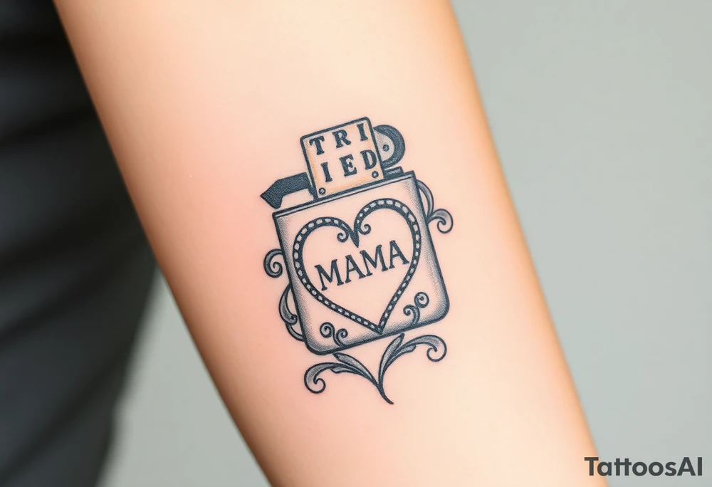 A traditional style tattoo design of a vintage zippo lighter with a traditional mom heart on the front with the words quote “MAMA” and the words quote “TRIED” on the lid tattoo idea