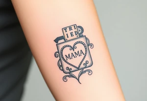 A traditional style tattoo design of a vintage zippo lighter with a traditional mom heart on the front with the words quote “MAMA” and the words quote “TRIED” on the lid tattoo idea