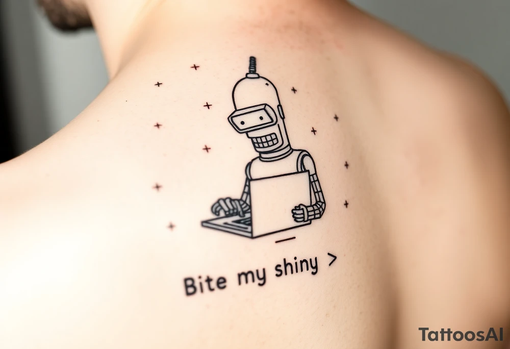 Minimalist black line art tattoo of a robot inspired by Bender from Futurama, typing on a small laptop. Around him, include subtle programming symbols like binary code, angle brackets, or 'while (true) {}'. Add a small humorous caption below: 'Bite my shiny code' in monospaced font. Designed for shoulder placement – clean and compact. tattoo idea