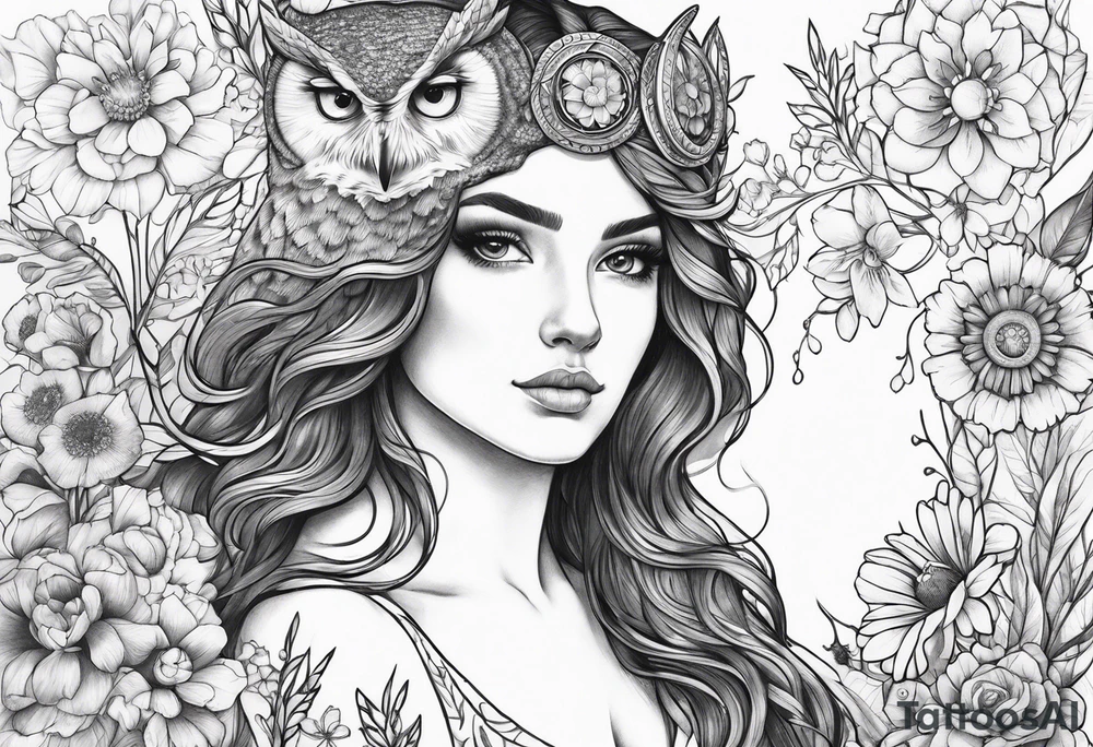 Owl and wildflowers and unicorn and warrior curly hair princess half sleeve tattoo idea