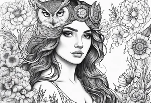 Owl and wildflowers and unicorn and warrior curly hair princess half sleeve tattoo idea