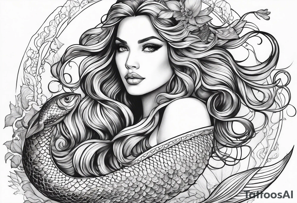 sexy goddess mermaid with flowing hair and long flowing tail with scales tattoo idea