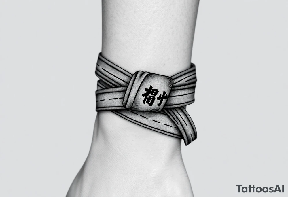 A realistic black and gray tattoo of a Brazilian Jiu-Jitsu black belt wrapping around the wrist like a bracelet. The belt is tied in a knot with one end showing the number 30 and the other showing 24. On the flat end of the belt, two Japanese kanji characters are inked in white: 成長 (growth) and 忍耐 (perseverance). The belt has subtle stitch marks and worn, textured shading for a slightly distressed, authentic look. tattoo idea