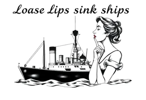 Modernised representation of war propaganda: Loose lips sink ships. Must include ship and a woman with her finger to her lips tattoo idea