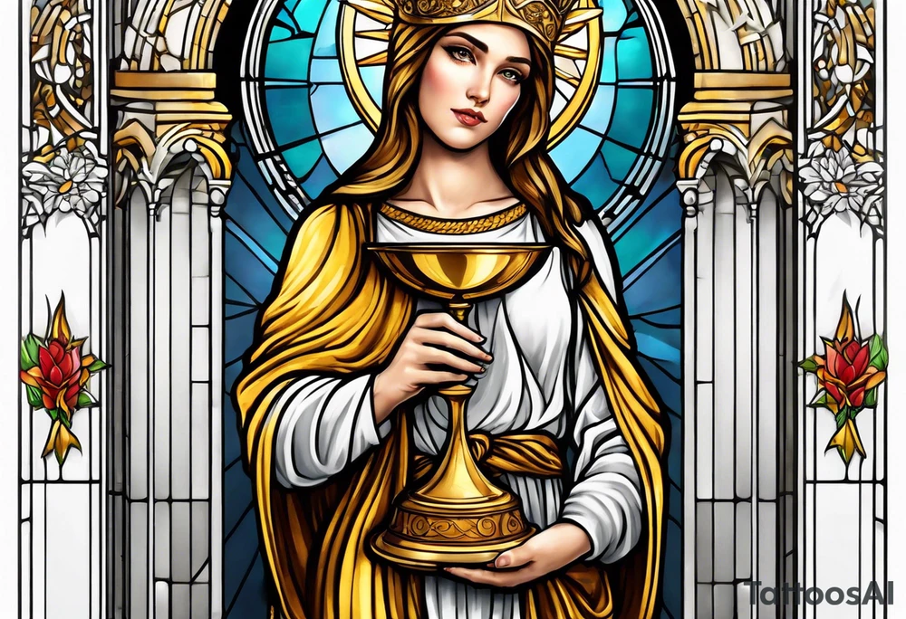 holy saint woman with golden halo holding a chalice tattoo idea