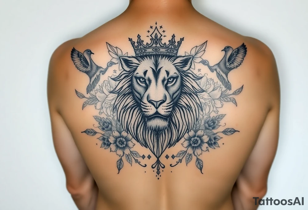 powerful majestic lion with a crown, surrounded by floral ornaments and birds tattoo idea