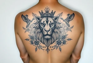 powerful majestic lion with a crown, surrounded by floral ornaments and birds tattoo idea