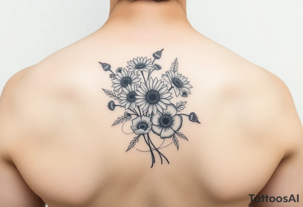 Flower bouquet with Chrysanthemums, poppy’s and violets tattoo idea