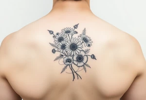 Flower bouquet with Chrysanthemums, poppy’s and violets tattoo idea