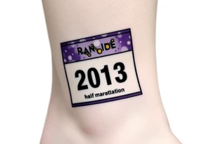 Racing half marathon bib 2013 purple and gold running safety pins running tattoo idea