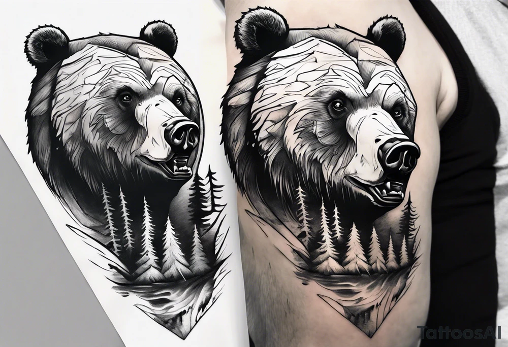 bear head right above the forest line with a lake below, full arm sleeve tattoo tattoo idea