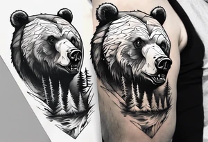 bear head right above the forest line with a lake below, full arm sleeve tattoo tattoo idea