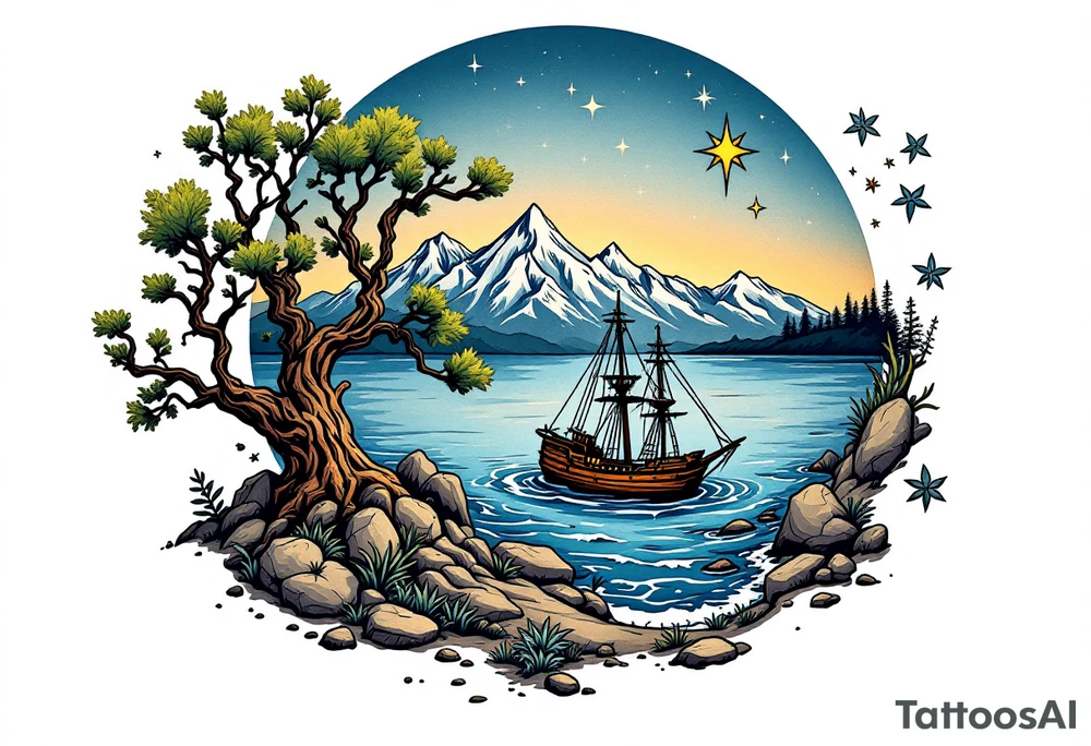 tattoo that has an acacia tree with mountains, ocean with a ship wreck and the northern star tattoo idea