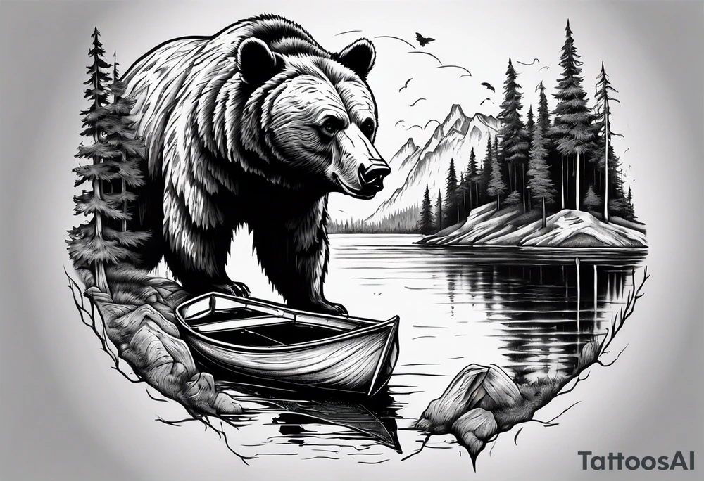 bear head right above the forest line with a lake below with a small fishermans boat floating on it, full arm sleeve tattoo tattoo idea