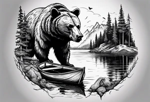 bear head right above the forest line with a lake below with a small fishermans boat floating on it, full arm sleeve tattoo tattoo idea