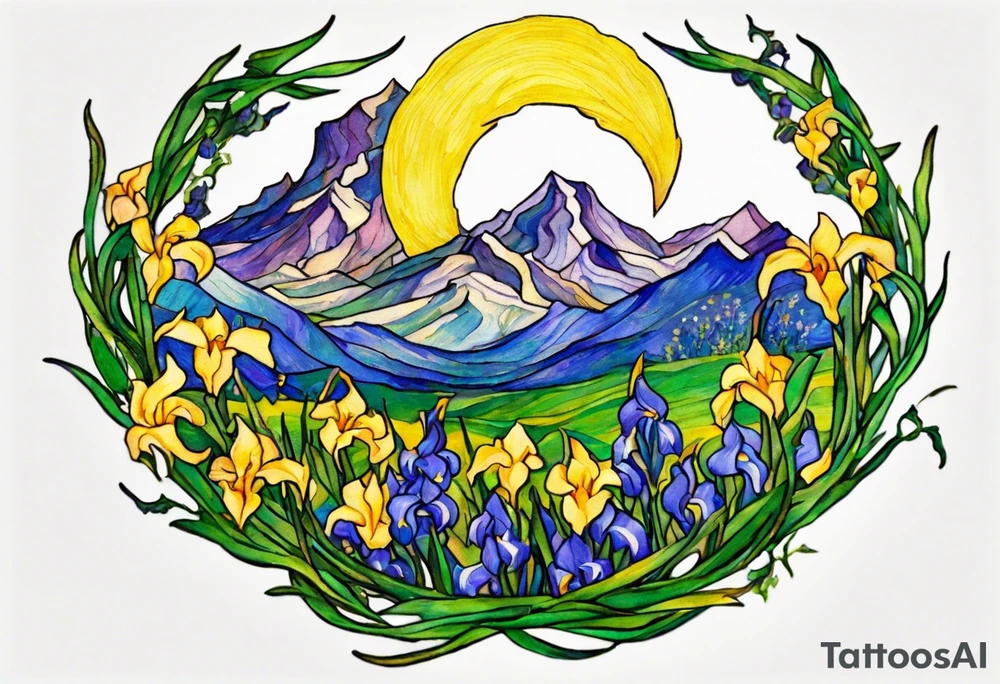 Create a small, colorful Vincent van Gogh Irises tattoo in the form of a crescent, with vines gracefully intertwining at a central point in the middle of the wreath. The intended placement is on the upper chest. The middle needs mountains. The overall design should be small in size while maintaining a delicate and artistic aesthetic. Pay attention to the graceful flow of the vines and the placement of the irises to achieve a refined and elegant look. tattoo idea