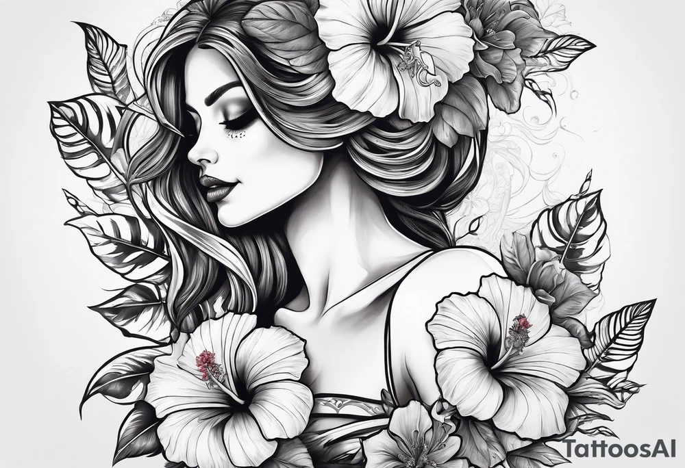 a full body female skeleton with hibiscus flower. tattoo idea