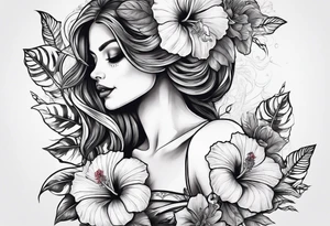 a full body female skeleton with hibiscus flower. tattoo idea