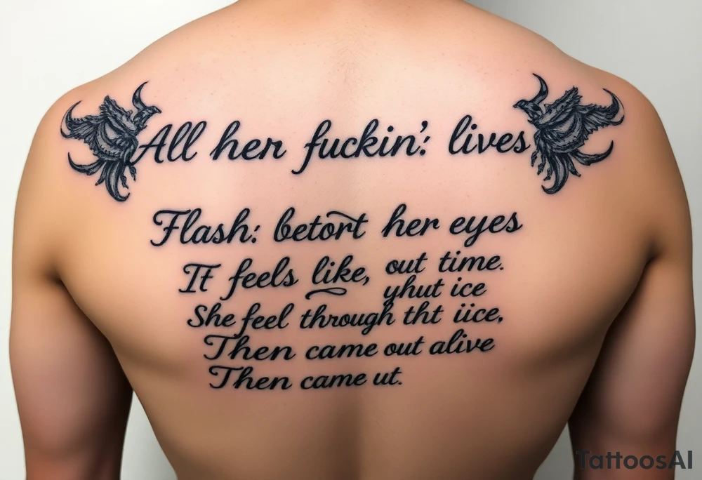 All her fuckin' lives
Flashed before her eyes
It feels like the time
She fell through the ice
Then came out alive tattoo idea