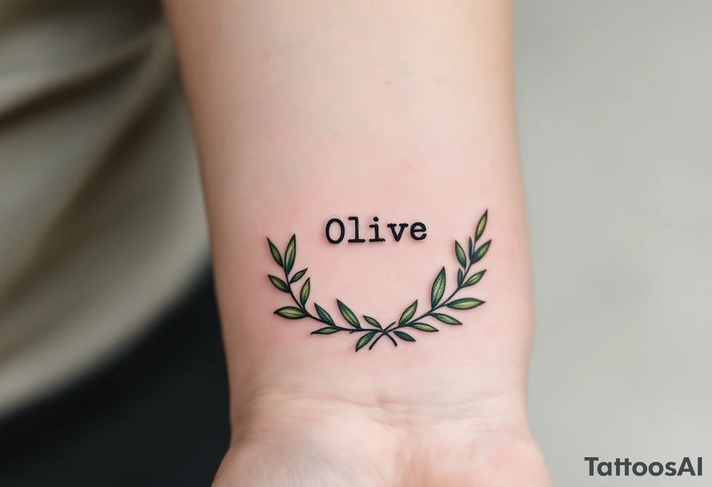 Minimalist black typewriter font surrounded by delicate olive branches in deep green. tattoo idea
