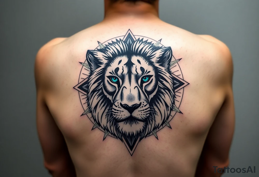 Lions face in a more realism style. Placement is on the back of the leg. Blend elements of curiosity and exploration through nature elements (forest, water, etc). Also add in geometric patterns around the lion. Make the eyes blue. Hide the date 03.12.2025 in Roman numerals somewhere in the geometric patterns. Think real hard and creatively tattoo idea