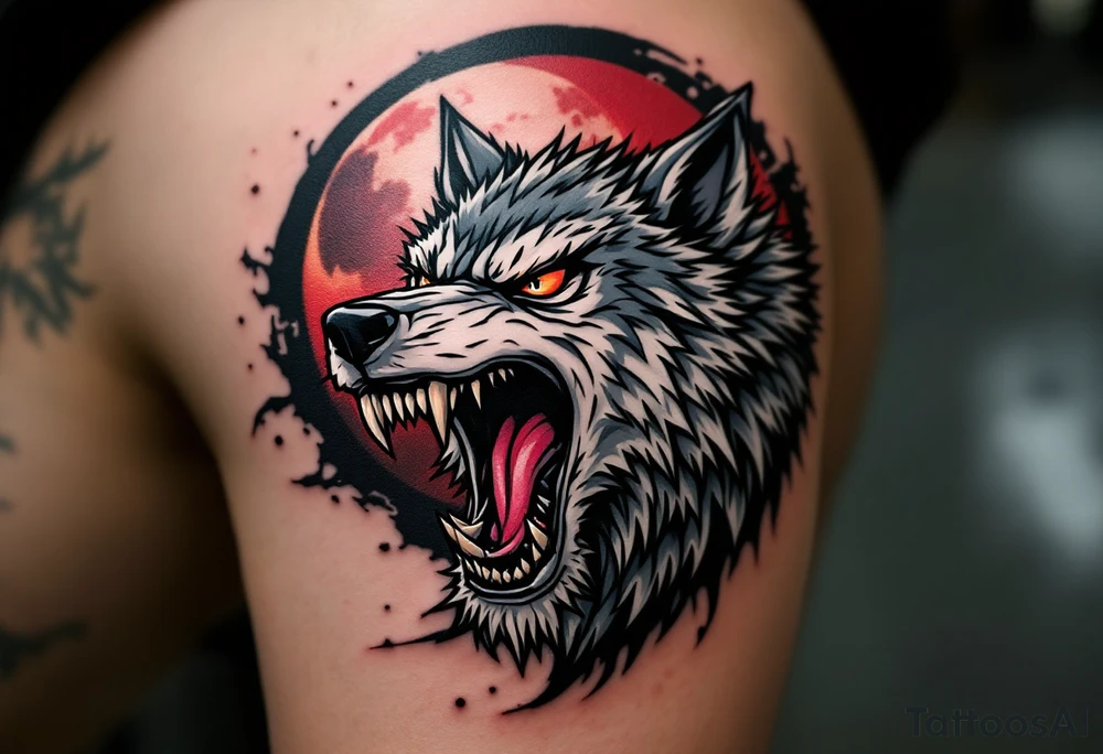 Snarling wolf under a lunar eclipse, with half-red, half-shadowed moon in the sky, done in bold black, gray, and red ink. tattoo idea