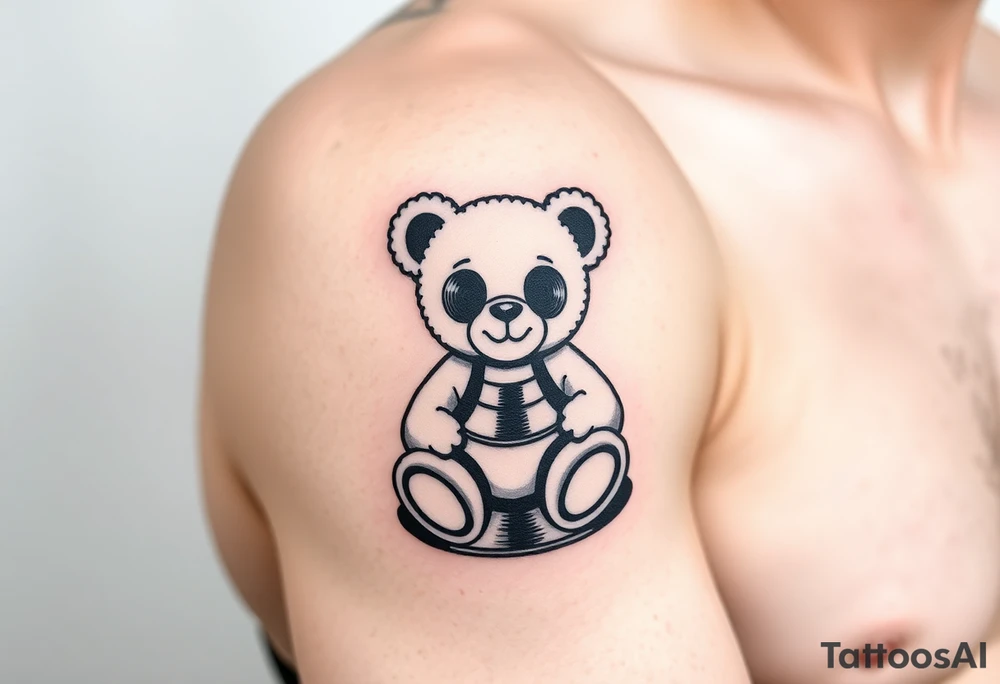 minimalist teddy bear with vinyl records as eyes smiling and sitting on a record tattoo idea