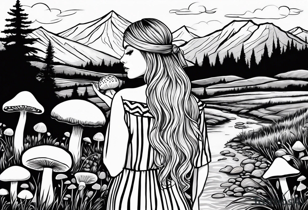 Straight long blonde hair hippie girl in distance holding mushrooms in hand facing away toward mountains and creek surrounded by mushrooms black and white striped dress tattoo idea