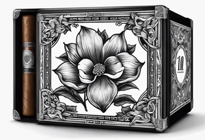 A simple vintage cigar box with a dogwood flower next to it as well as a lit cigar tattoo idea