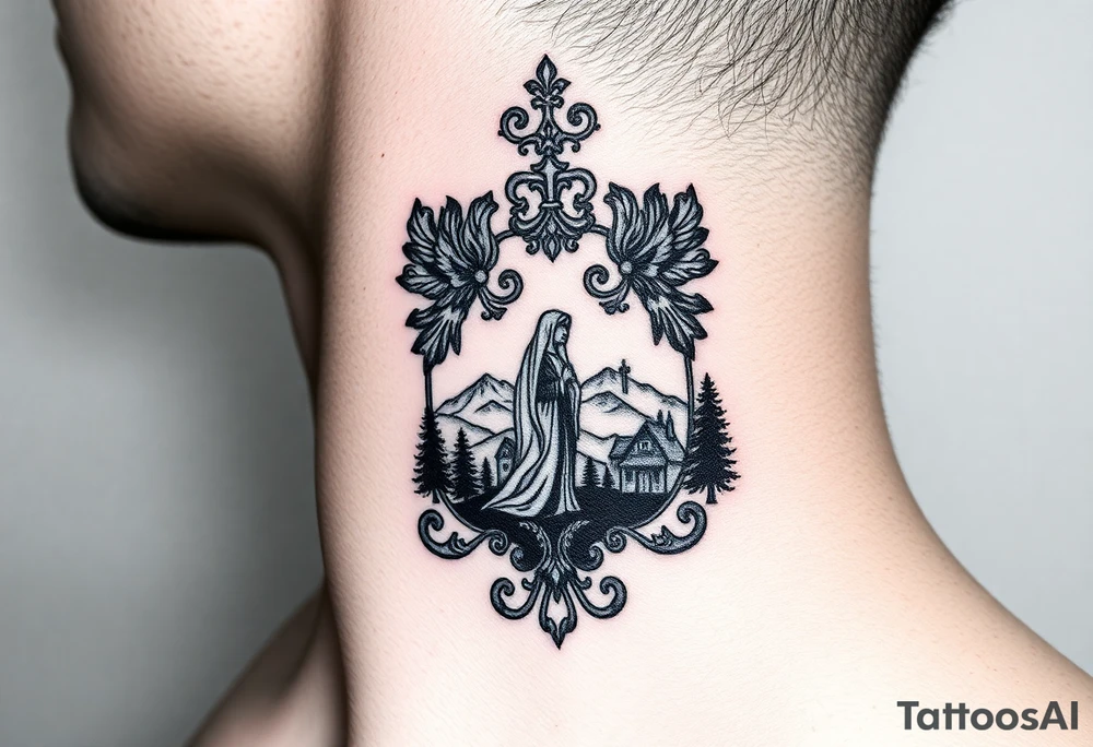 Traditional authentic Russian coat of arms with a Christian orthodox virgin marry in the middle and silhouette in a Russian wilderness Christian orthodoxy village setting tattoo idea