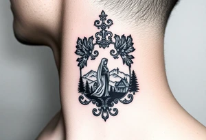 Traditional authentic Russian coat of arms with a Christian orthodox virgin marry in the middle and silhouette in a Russian wilderness Christian orthodoxy village setting tattoo idea